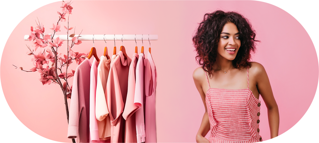 Mulher vestindo roupa cor de rosa próxima a uma arara de peças