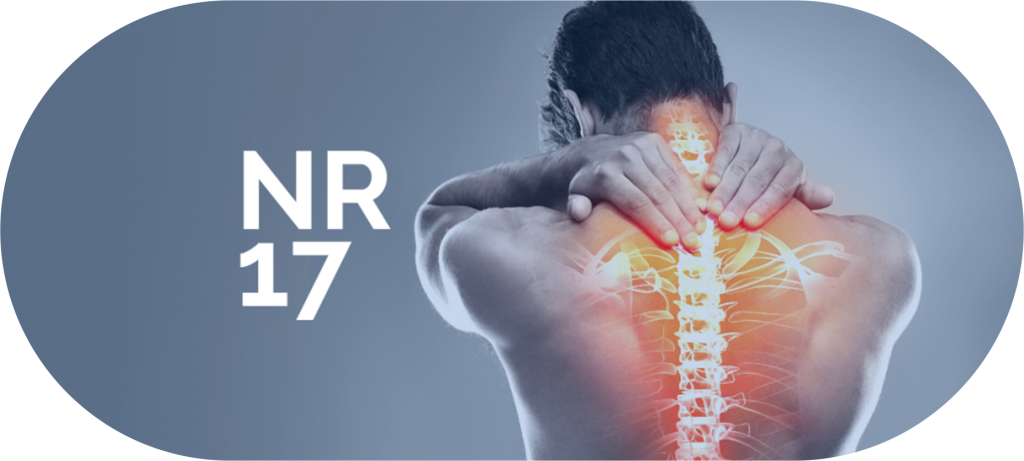 Ilustração de uma pessoa com dor na cervical e indicação de NR 17
