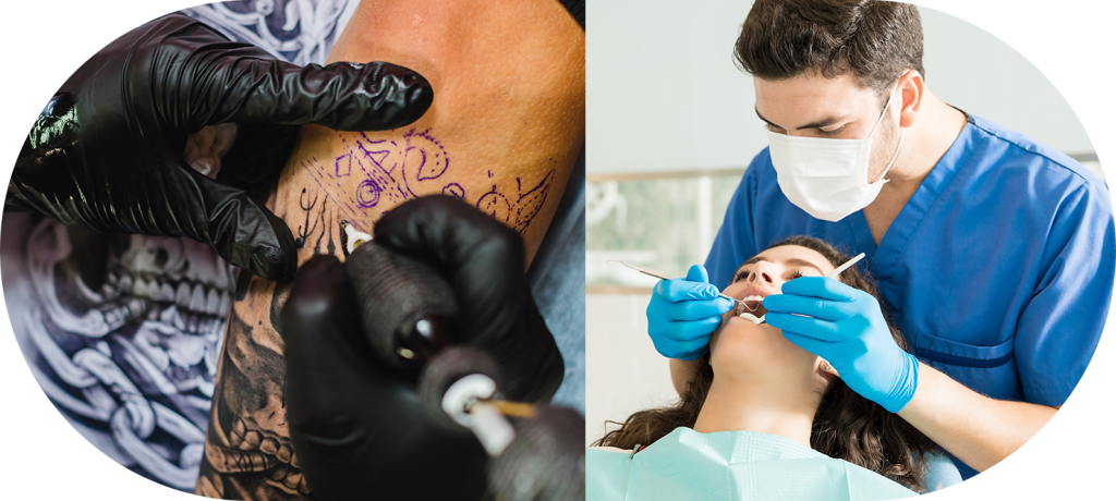 Tatuador e dentista usando luvas de nitrilo