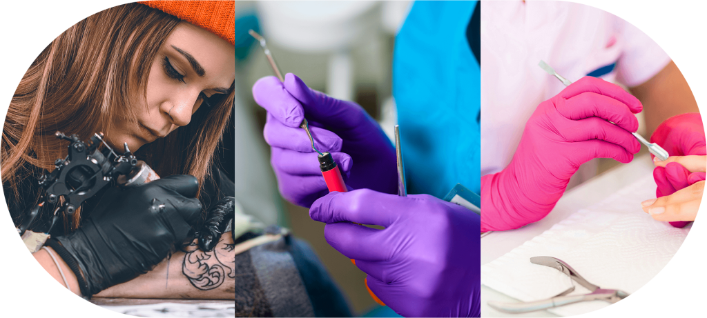 Tatuador, dentista e manicure vestindo luvas coloridas